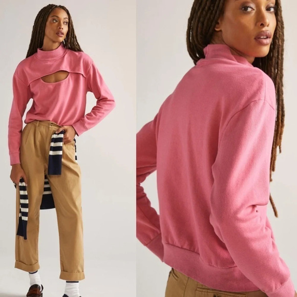 Anthropologie T.La Cut-Out  Funnel Neck Sweatshirt Pink - Picture 1 of 8
